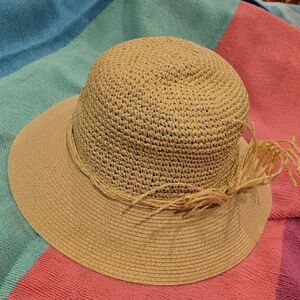 Elegant Tan Woven Hat with Feather Accent